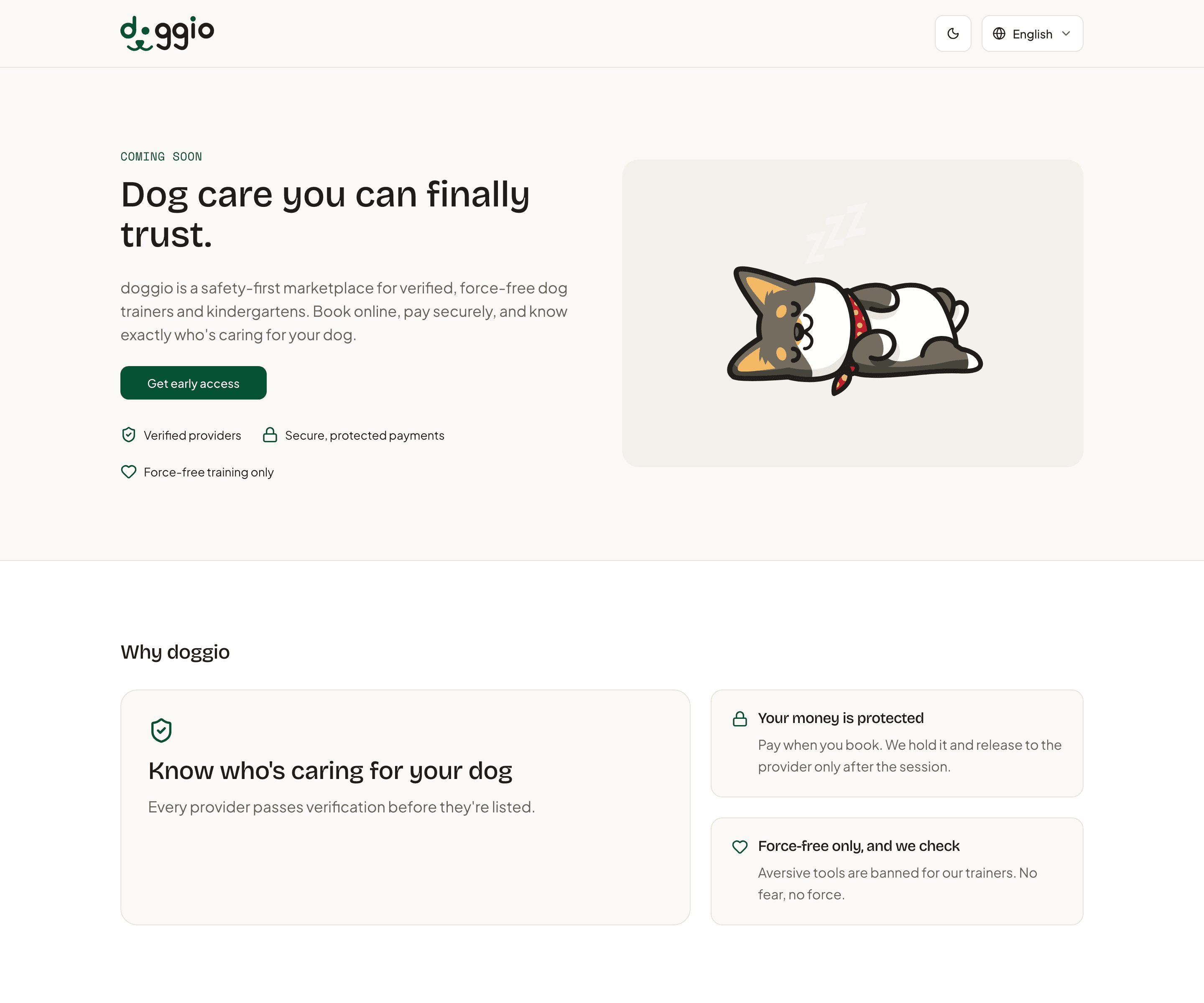 doggio English pre-launch landing that introduces force-free dog training and daycare before the marketplace opens in a market.