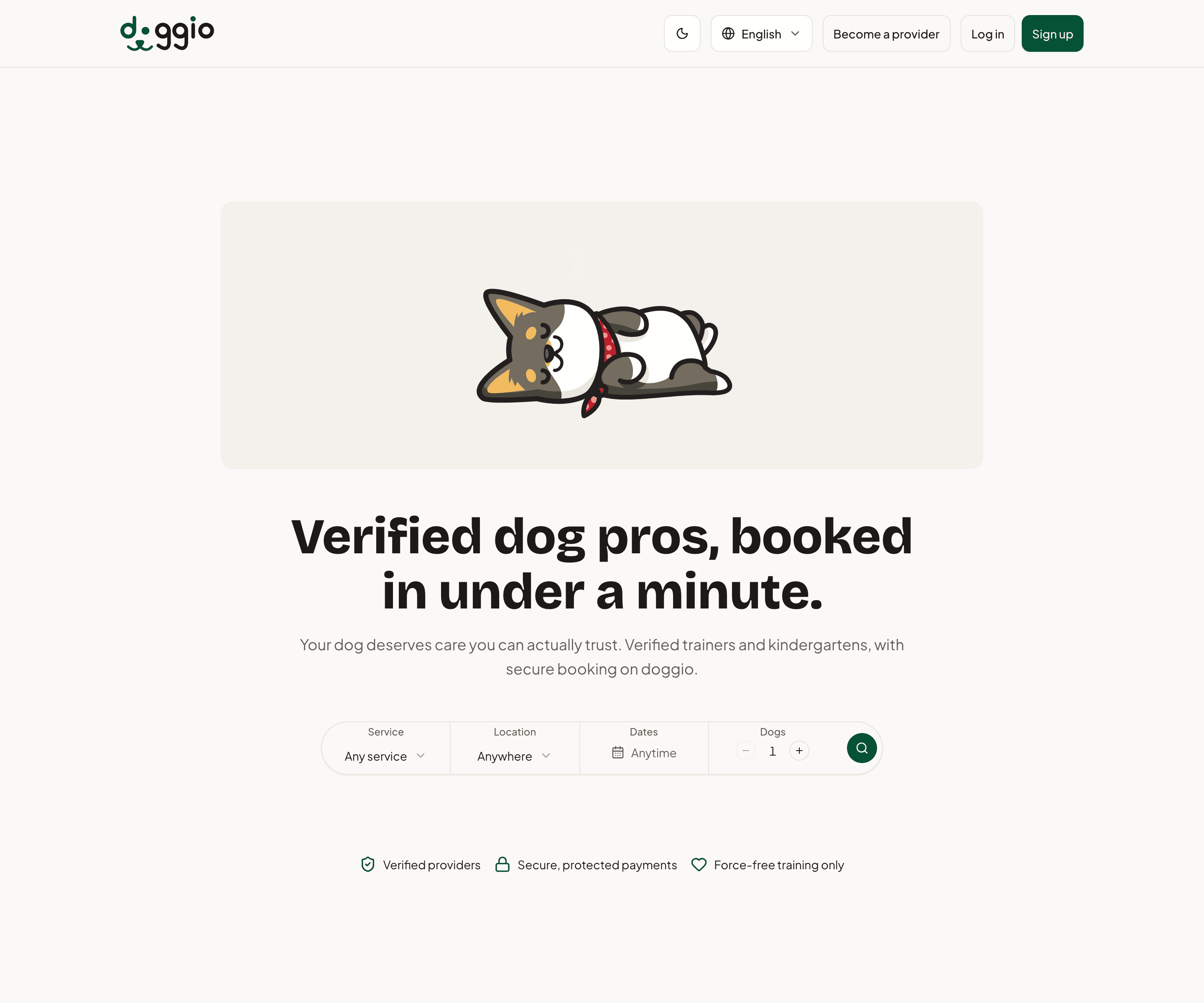 doggio marketplace home showing verified force-free dog trainer and daycare listings with search and filters.