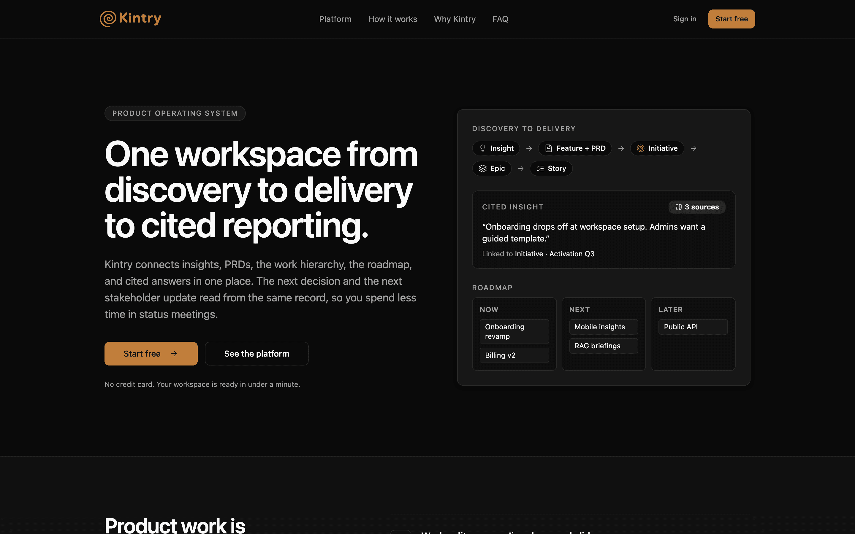Kintry marketing homepage: a product operating system for discovery, delivery, and reporting.