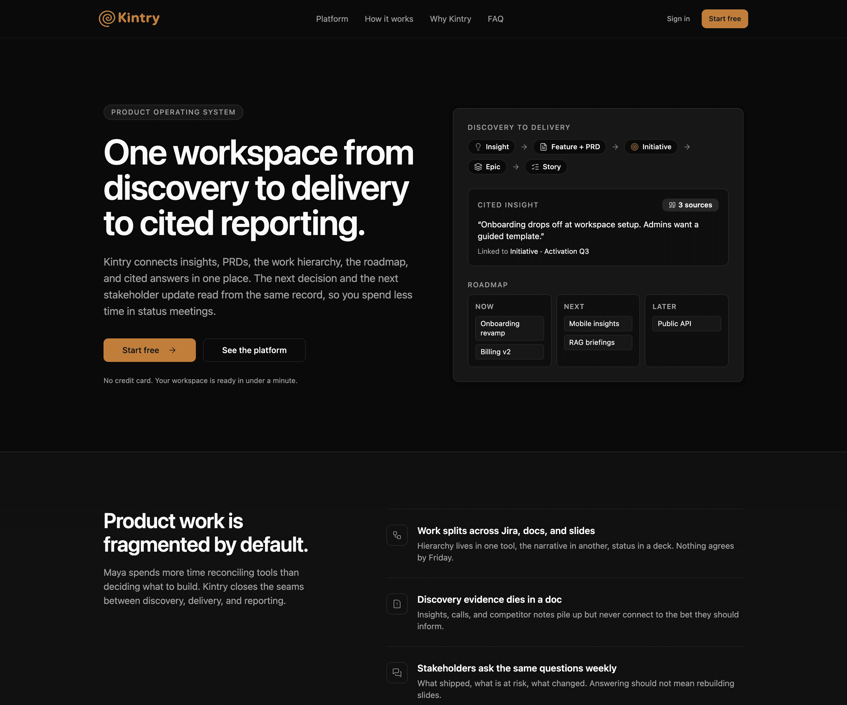 Kintry marketing homepage positioning the product as a workspace for discovery, delivery, and reporting.
