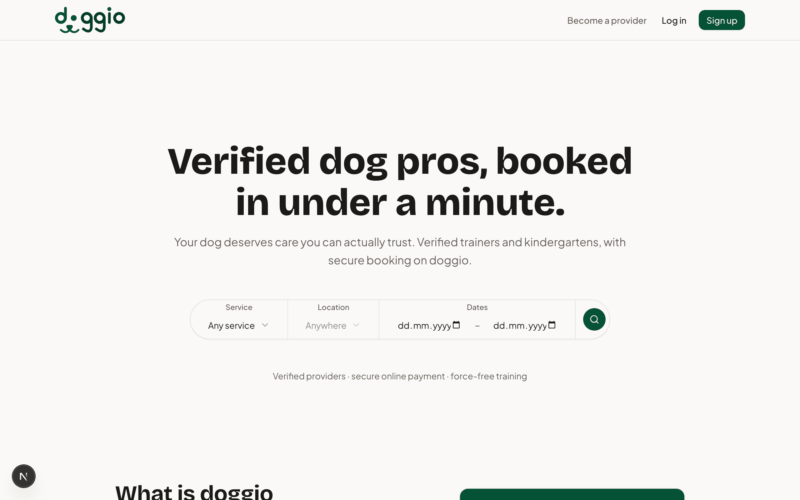 doggio: a marketplace to book verified, force-free dog trainers and daycare in under a minute.